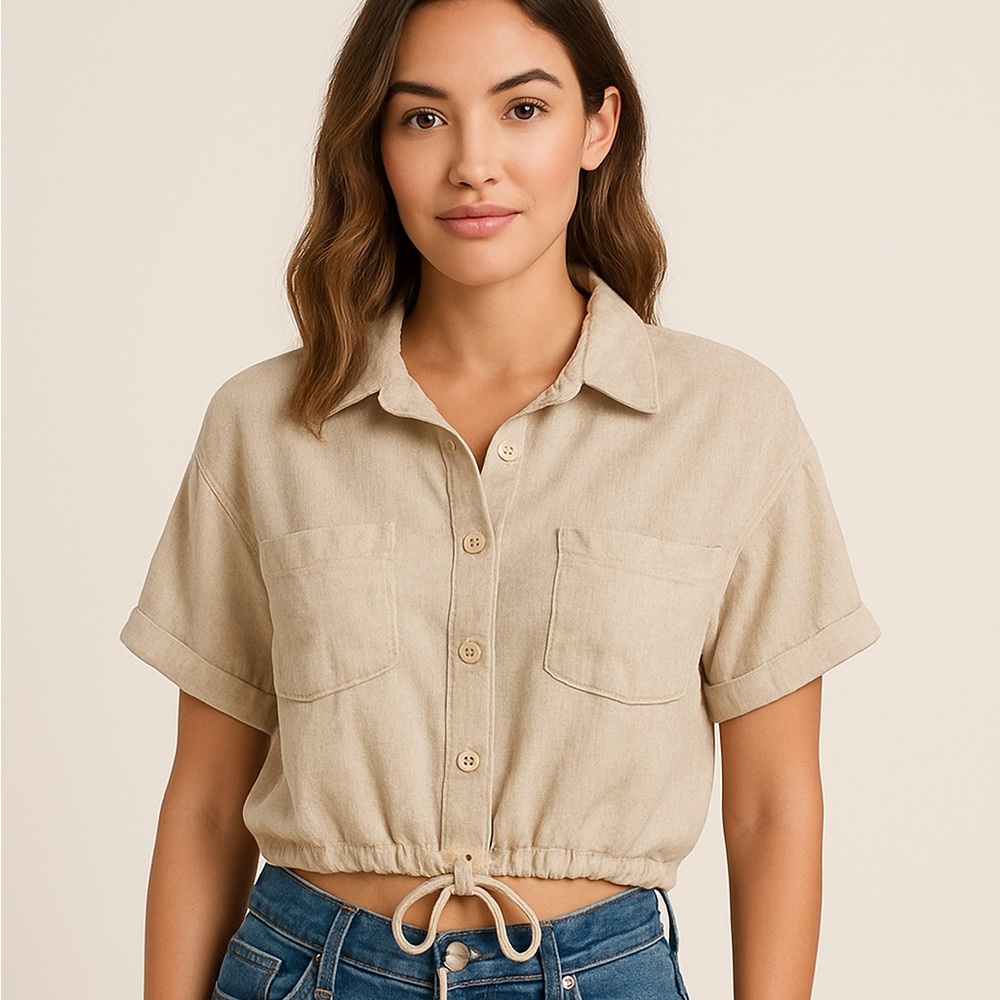 Allie Rose Beige Collared Button Down Crop Top Drawstring Hem Size L